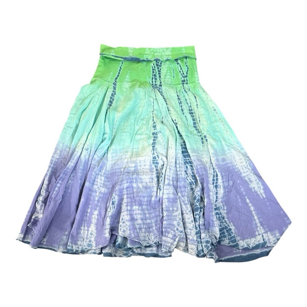 Vintage Boho Skirt Purple Green Tie Dye Peasant Maxi Cotton Rollover Waist L
